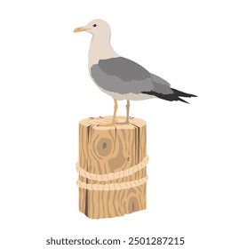 A seagull rests on a pole sideways and watches the sea. A seagull at the pier sits on a wooden pole with a rope.  Illustrated vector clipart.
