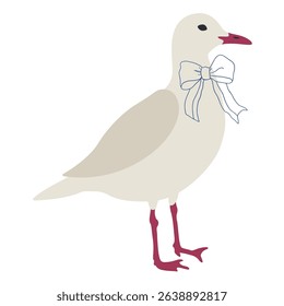 Seagull with retro ribbon bow vector illustration. Sea bird clipart. Cute fisherman aesthetic.