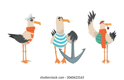 Seagull Sailor Character in Striped Vest and Hat Smoking Pipe Vector Set