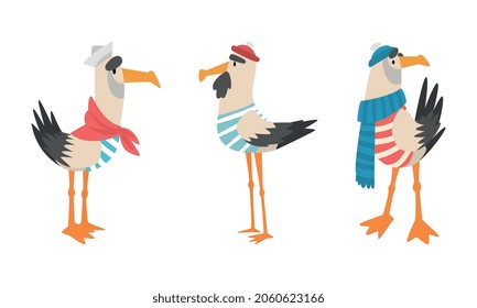 Seagull Sailor Character in Striped Vest and Hat Vector Set