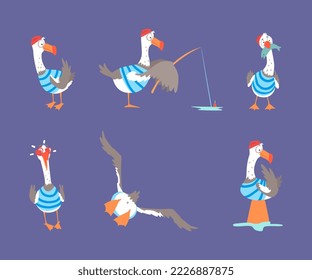 Seagull Sailor Character in Striped Vest and Hat Flying, in Love and Angling Fish with Catching Rod Vector Set