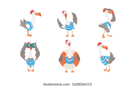 Seagull Sailor Collection, Funny Captain Bird Cartoon Character in Various Actions Vector Illustration