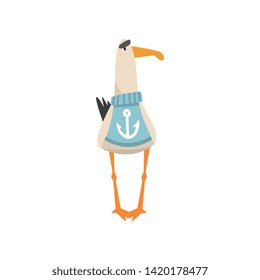 Seagull Sailor, Funny Bird Cartoon Character Wearing Blue Sweater with Anchor, Front View Vector Illustration