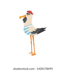 Seagull Sailor, Funny Bird Cartoon Character in Blue White Vest and Cap, Side View Vector Illustration
