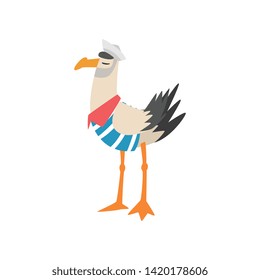Seagull Sailor, Funny Bird Cartoon Character in Striped Vest and Cap Vector Illustration