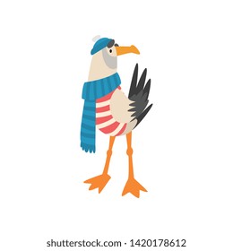 Seagull Sailor, Funny Bird Cartoon Character in Blue Scarf and Knitted Hat Vector Illustration