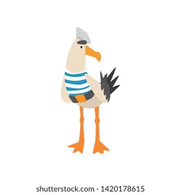 Seagull Sailor, Funny Bird Cartoon Character in Blue White Vest and Cap Vector Illustration