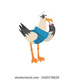 Seagull Sailor, Funny Bird Cartoon Character in Blue Sweater and Captaine Cap Vector Illustration