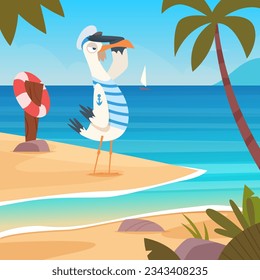 Seagull sailor. Funny cartoon bird standing and watching to sea horizon