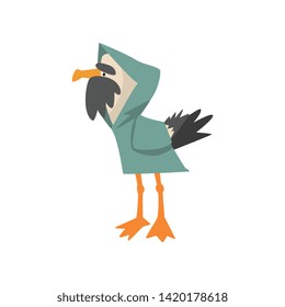Seagull Sailor in Raincoat, Funny Bird Cartoon Character Vector Illustration