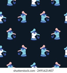 Seagull sailor seamless pattern. Marine life ocean adventures fabric print, childish wrapping design with captain seagulls. Sea characters dark blue vector background