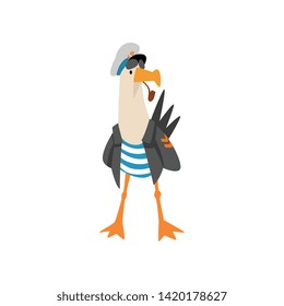 Seagull Sailor Smoking Pipe, Funny Bird Cartoon Character in Blue White Vest, Black Jacket and Captaine Cap, Front View Vector Illustration