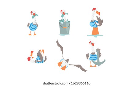 Seagull Sailor in Stripped Vest Collection, Funny Captain Bird Cartoon Character in Various Actions Vector Illustration