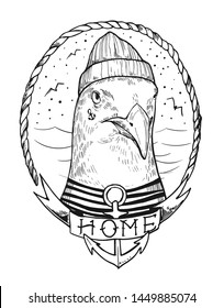 Seagull in a sailor suit. Hand drawn illustration converted to vector. Prints for T-shirts. Tattoo sketch.