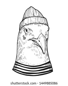 Seagull in a sailor suit. Hand drawn illustration converted to vector. Prints for T-shirts. Tattoo sketch.