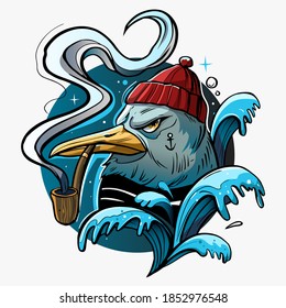 Seagull sailor. Vector illustration. Tattoo sketch, print design