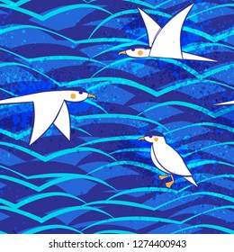 Seagull sea waves vector seamless pattern. Abstract seamless print. Illustration for wrapping paper or fabric. Vector abstract background. Sea pattern. Surf. Surfing.
Waves sea pattern.