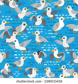 Seagull Seamless Pattern. Coast, sea. Vector illustration. Seabirds in flat style. The design concept for children. Wrapping, notebooks, labels, accessories-school.