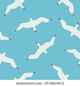 Seagull seamless pattern. Flying birds repeating background. Flat vector illustration for poster, wallpaper, wrapping, cover, textile.