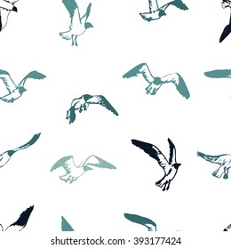 Seagull seamless pattern. Hand drawn flying birds background. Sketch seabirds. 