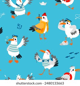 Seagull seamless pattern. Ocean adventures fabric print, childish wrapping design with sailor seagulls. Sea characters, classy vector background