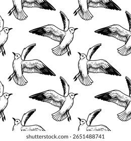 Gaivota padrão sem emenda, textura, linhas, ângulos diferentes. Mar. A ilustração tem um design simples e conciso. desenhado à mão. sobre um fundo branco. Vetor