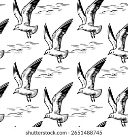 Gaivota padrão sem emenda, textura, linhas, ângulos diferentes. Mar. A ilustração tem um design simples e conciso. desenhado à mão. sobre um fundo branco. Vetor