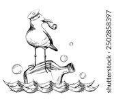 Seagull in a ship captain s cap with a tobacco pipe in its beak stands and floats on a rum bottle on the waves with bubbles. Graphic line art drawn by hand in black and white monochrome. Composition.