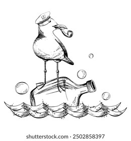 Seagull in a ship captain s cap with a tobacco pipe in its beak stands and floats on a rum bottle on the waves with bubbles. Graphic line art drawn by hand in black and white monochrome. Composition.