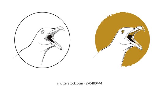 Seagull sign. Vector seagull illustration with background. Summer retro  poster with seagull on yellow background.