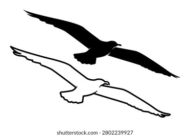 seagull silhouette vector, editable flying gull drawing isolated on white background