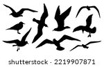 Seagull silhouette vector set. Many birds sea gulls black outline on white background. Seagulls flock flight cutter template contour cut file stencil.