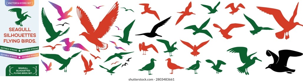 Seagull silhouettes, flying birds vector set, black silhouette seagulls, vector illustration