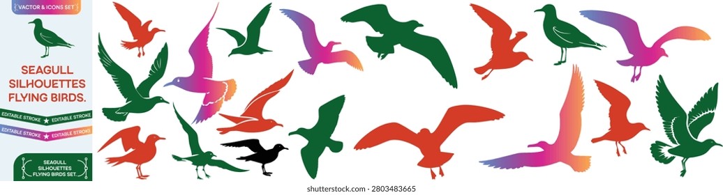 Seagull silhouettes, flying birds vector set, black silhouette seagulls, vector illustration