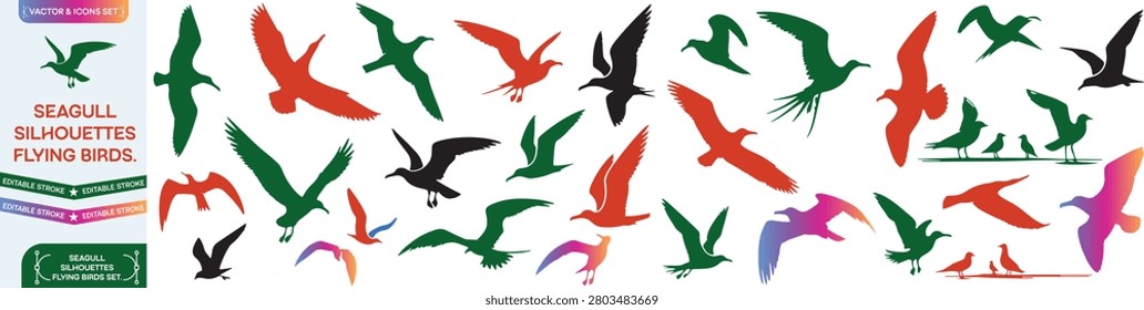 Seagull silhouettes, flying birds vector set, black silhouette seagulls, vector illustration