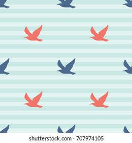 seagull silhouettes on striped background, vector seamless pattern
