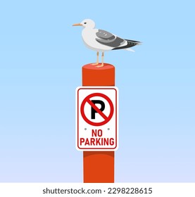Seagull sits atop no parking sign