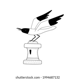 A seagull sits on a buoy. Black and white gull. Vector illustration in hand drawn linear style.