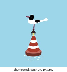 A seagull sits on a buoy in the sea. Hand drawn vector illustration.