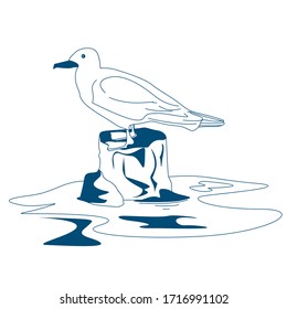 A seagull sits on a pillar or stone. Sketch, doodles. Monochrome vector illustration isolated on white background.