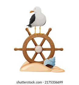 Una gaviota se sienta en el volante de un barco, arena con una concha. Ilustración vectorial, dibujos animados estilo náutico, vacaciones, concepto de viaje. 