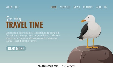 A seagull sits on a stone. Vector illustration, cartoon nautical style. Travel time, sea vibes, marine entertainment. For web template, website interface. 