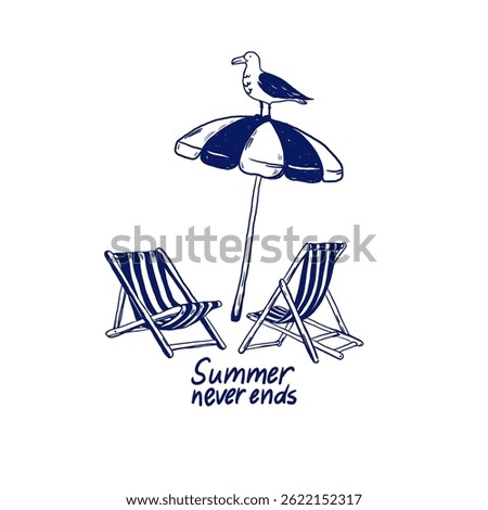 A seagull sits on a striped beach umbrella next to two deck chairs with the phrase Summer never ends. Vector illustration in linear style with blue ink, perfect for summer decor and prints.