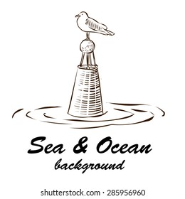 Seagull sitting on the marine buoy. Hand drawn vector illustration. Vintage style.