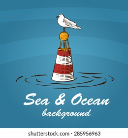 Seagull sitting on the marine buoy. Hand drawn vector illustration. Vintage style.