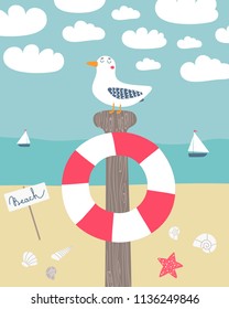 Gaviota sentada en un poste. Ilustración vectorial de verano.