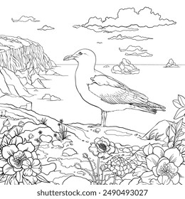 Seagull sitting on a pretty floral beach with flowers and plants, calm sea, cliffs and clouds. Colouring book page design, vector outline.