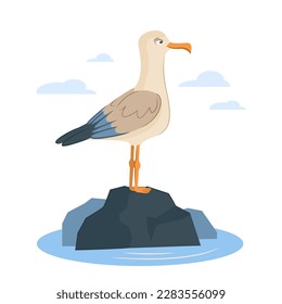 A seagull is sitting on a rock in the sea. Vector illustration of a seagull on a white background. The concept of sea holidays, travel. Marine style.