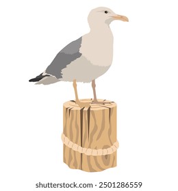 A seagull is sitting on a wooden pole with a rope at the pier.  A seagull is resting on a pole and looking at the sea. Illustrated vector clipart.