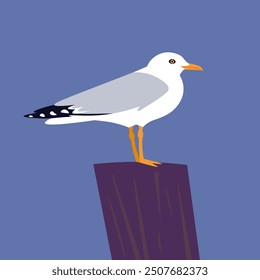 A seagull is sitting on a wooden pole on a blue background. Travel Marine poster. Vector flat illustration